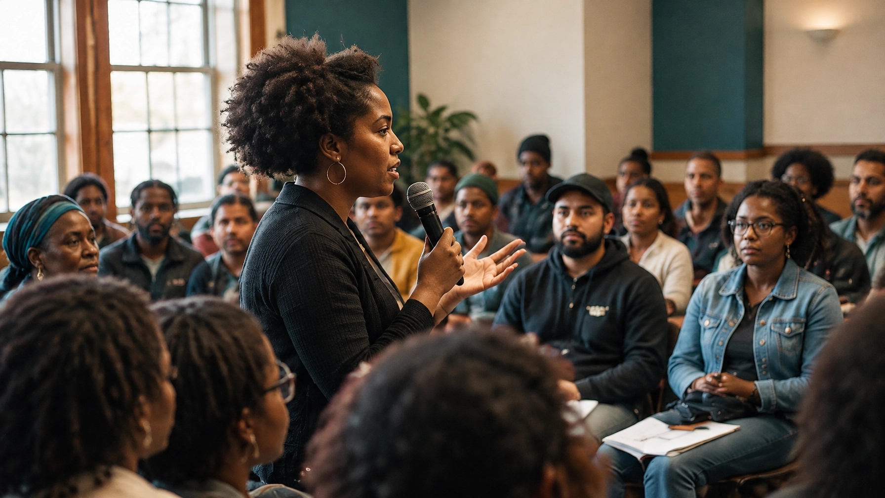 Community researcher speaking with participants at a local meeting